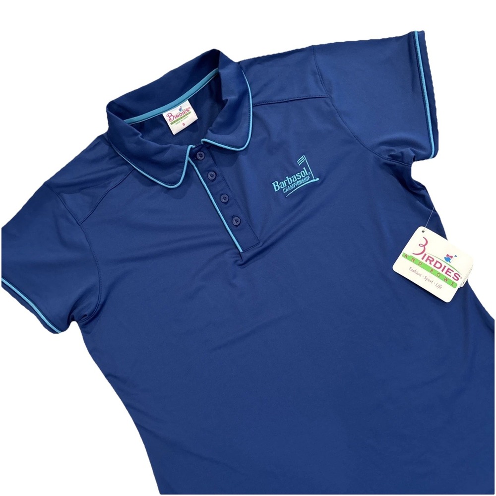 NWT Birdies & Bows Small BLUE BARBASOL CHAMPIONSHIP Pitch/putt Golf Polo Women's